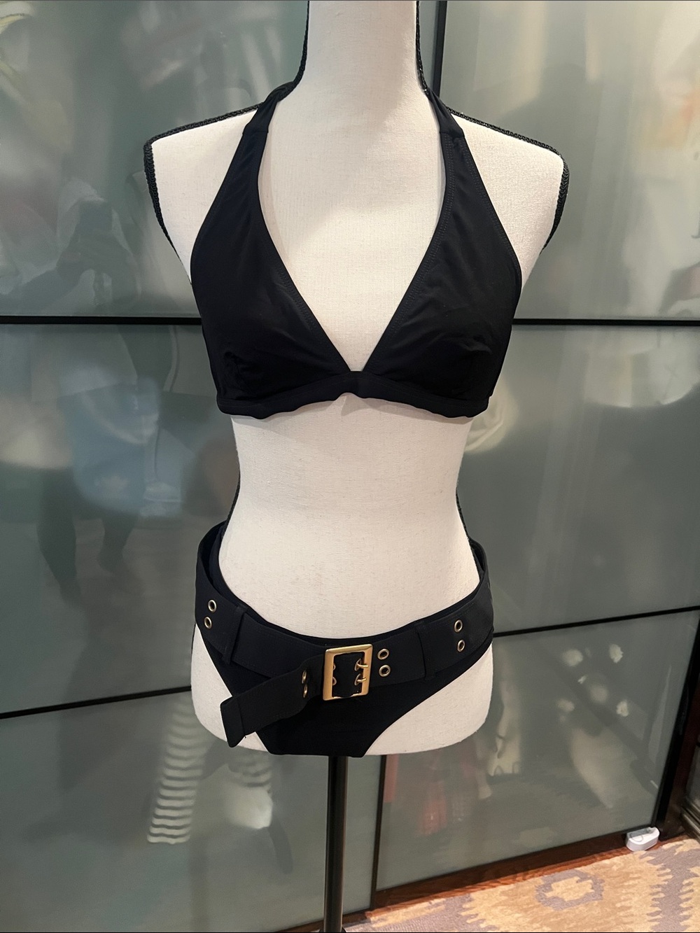 Asha Couture Black Halter Bikini Set with Gold Buckle Belt